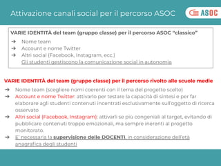 Attivazione canali social per il percorso ASOC
VARIE IDENTITÀ del team (gruppo classe) per il percorso ASOC “classico”
➔ N...