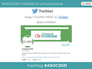 Segui il proﬁlo ASOC su Twitter
@ascuoladioc
#ASOC2021: modalità di comunicazione
Twitter
hashtag #ASOC2021
 