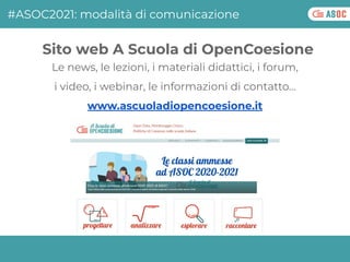 Le news, le lezioni, i materiali didattici, i forum,
i video, i webinar, le informazioni di contatto…
www.ascuoladiopencoe...
