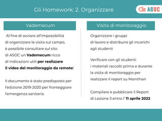 Organizzare i gruppi
di lavoro e distribuire gli incarichi
agli studenti
Gli Homework: 2. Organizzare
Visita di monitoragg...