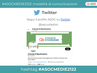 #ASOCMEDIE2122: modalità di comunicazione
hashtag #ASOCMEDIE2122
Segui il proﬁlo ASOC su Twitter
@ascuoladioc
Twitter
 