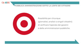 PUBBLICA AMMINISTRAZIONE SOTTO LA LENTE DEI CITTADINI
Possibilità per chiunque
(giornalisti, analisti o singoli cittadini)
di veriﬁcare l’operato dei governi
e delle amministrazioni pubbliche.
 