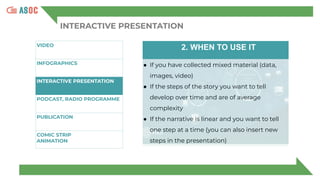INTERACTIVE PRESENTATION
VIDEO
INFOGRAPHICS
INTERACTIVE PRESENTATION
PODCAST, RADIO PROGRAMME
PUBLICATION
COMIC STRIP
ANIMATION
2. WHEN TO USE IT
● If you have collected mixed material (data,
images, video)
● If the steps of the story you want to tell
develop over time and are of average
complexity
● If the narrative is linear and you want to tell
one step at a time (you can also insert new
steps in the presentation)
 