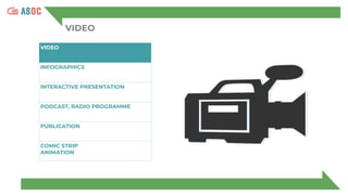 VIDEO
VIDEO
INFOGRAPHICS
INTERACTIVE PRESENTATION
PODCAST, RADIO PROGRAMME
PUBLICATION
COMIC STRIP
ANIMATION
 