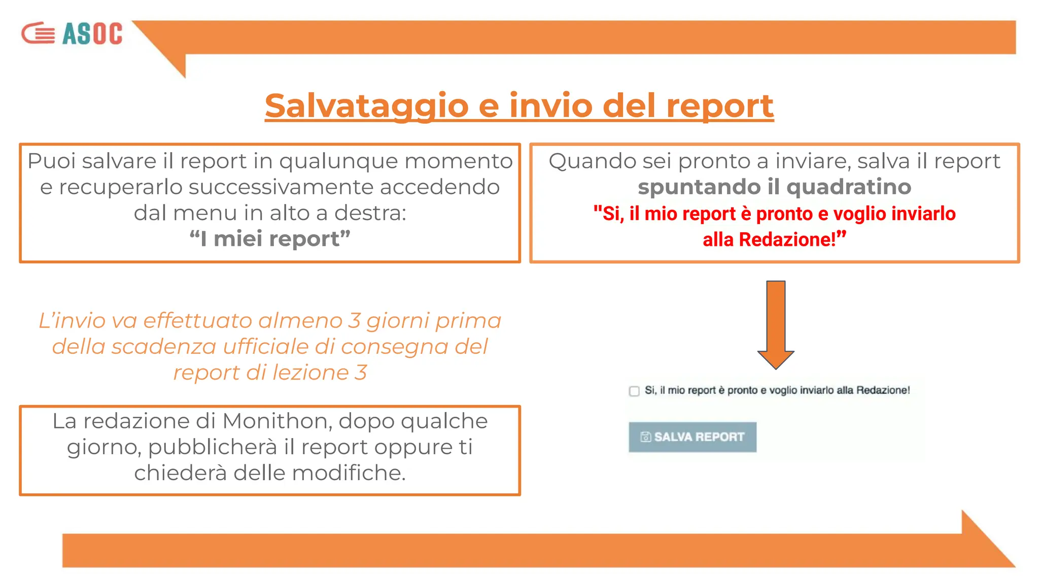 Puoi salvare il report in qualunque momento
e recuperarlo successivamente accedendo
dal menu in alto a destra:
“I miei report”
Salvataggio e invio del report
Quando sei pronto a inviare, salva il report
spuntando il quadratino
"Si, il mio report è pronto e voglio inviarlo
alla Redazione!”
La redazione di Monithon, dopo qualche
giorno, pubblicherà il report oppure ti
chiederà delle modiﬁche.
L’invio va effettuato almeno 3 giorni prima
della scadenza ufﬁciale di consegna del
report di lezione 3
 