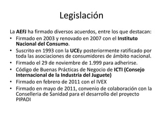 Legislación
La AEFJ ha firmado diversos acuerdos, entre los que destacan:
• Firmado en 2003 y renovado en 2007 con el Inst...