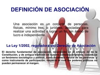 DEFINICIÓN DE ASOCIACIÓN Una asociación es un conjunto de personas, físicas, mínimo tres, o jurídicas, asociadas para realizar una actividad o lograr un fin, sin ánimo de lucro e independiente.  La Ley 1/2002, reguladora del Derecho de Asociación El derecho fundamental de asociación, reconocido en el artículo 22 de la Constitución, y de antigua tradición en nuestro constitucionalismo, constituye un fenómeno sociológico y político, como tendencia natural de las personas  y como instrumento de participación, respecto al cual los poderes públicos no pueden permanecer al margen. 