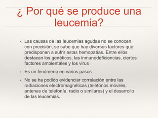¿ Por qué se produce una
leucemia?
• Las causas de las leucemias agudas no se conocen
con precisión, se sabe que hay diversos factores que
predisponen a sufrir estas hemopatías. Entre ellos
destacan los genéticos, las inmunodeficiencias, ciertos
factores ambientales y los virus
• Es un fenómeno en varios pasos
• No se ha podido evidenciar correlación entre las
radiaciones electromagnéticas (teléfonos móviles,
antenas de telefonía, radio o similares) y el desarrollo
de las leucemias.
 