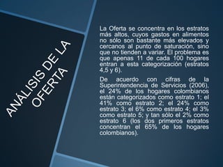 La Oferta se concentra en los estratos
más altos, cuyos gastos en alimentos
no sólo son bastante más elevados y
cercanos al punto de saturación, sino
que no tienden a variar. El problema es
que apenas 11 de cada 100 hogares
entran a esta categorización (estratos
4,5 y 6).
De acuerdo con cifras de la
Superintendencia de Servicios (2006),
el 24% de los hogares colombianos
están categorizados como estrato 1; el
41% como estrato 2; el 24% como
estrato 3; el 6% como estrato 4; el 3%
como estrato 5; y tan sólo el 2% como
estrato 6 (los dos primeros estratos
concentran el 65% de los hogares
colombianos).
 