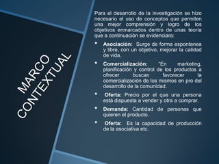 Para el desarrollo de la investigación se hizo
necesario el uso de conceptos que permiten
una mejor comprensión y logro de los
objetivos enmarcados dentro de unas teoría
que a continuación se evidenciara:
•   Asociación: Surge de forma espontanea
    y libre, con un objetivo, mejorar la calidad
    de vida.
•   Comercialización:        “En     marketing,
    planificación y control de los productos a
    ofrecer      buscan        favorecer     la
    comercialización de los mismos en pro del
    desarrollo de la comunidad.
•   Oferta: Precio por el que una persona
    está dispuesta a vender y otra a comprar.
•   Demanda: Cantidad de personas que
    quieren el producto.
•   Oferta: Es la capacidad de producción
    de la asociativa etc.
 