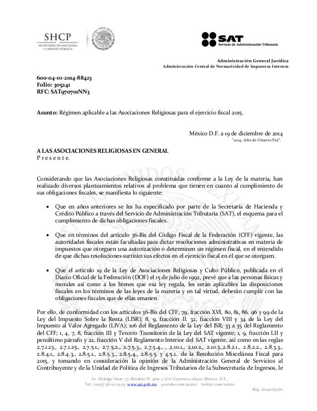 Resolución del Régimen Fiscal Asociaciones Religiosas 2015.