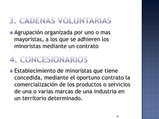  Agrupación

organizada por uno o mas
mayoristas, a los que se adhieren los
minoristas mediante un contrato

 Establecimiento

de minoristas que tiene
concedida, mediante el oportuno contrato la
comercialización de los productos o servicios
de una o varias marcas de una industria en
un territorio determinado.
26

 