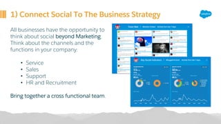 1) Connect Social To The Business Strategy
All businesses have the opportunity to
think about social beyond Marketing.
Think about the channels and the
functions in your company:
• Service
• Sales
• Support
• HR and Recruitment
Bring together a cross functional team.
 