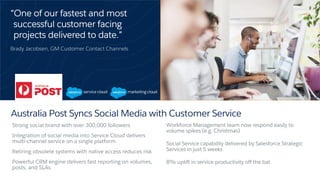 Align Image an Send to Back
Align photo to this shape and crop
“One of our fastest and most
successful customer facing
projects delivered to date.”
Brady Jacobsen, GM Customer Contact Channels
Australia Post Syncs Social Media with Customer Service
Strong social brand with over 300,000 followers
Integration of social media into Service Cloud delivers
multi-channel service on a single platform
Retiring obsolete systems with native access reduces risk
Powerful CRM engine delivers fast reporting on volumes,
posts, and SLAs
Workforce Management team now respond easily to
volume spikes (e.g. Christmas)
Social Service capability delivered by Salesforce Strategic
Services in just 5 weeks
8% uplift in service productivity off the bat
 