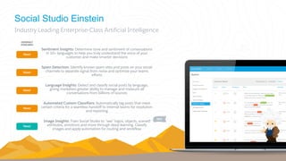 Social Studio Einstein
Industry Leading Enterprise-Class Artificial Intelligence
Now!
Sentiment Insights: Determine tone and sentiment of conversations
in 10+ languages to help you truly understand the voice of your
customer and make smarter decisions
Now!
Spam Detection: Identify known spam sites and posts on your social
channels to separate signal from noise and optimize your teams
efforts
Now!
Language Insights: Detect and classify social posts by language,
giving marketers greater ability to manage and measure all
conversations from billions of sources
Now!
Automated Custom Classifiers: Automatically tag posts that meet
certain criteria for a seamless handoff to internal teams for resolution
and reporting
Now!
Image Insights: Train Social Studio to “see” logos, objects, scenes,
attributes, emotions and more through deep learning. Classify
images and apply automation for routing and workflow
NEW
GENERALY
AVAILABLE
 