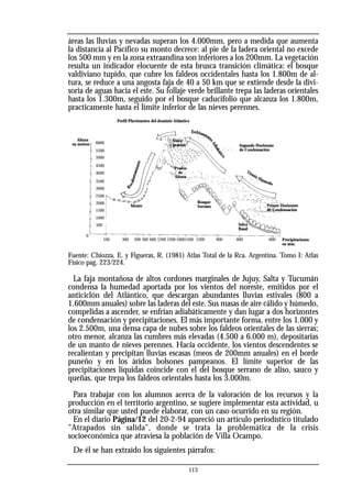 áreas las lluvias y nevadas superan los 4.000mm, pero a medida que aumenta
la distancia al Pacífico su monto decrece: al pie de la ladera oriental no excede
los 500 mm y en la zona extraandina son inferiores a los 200mm. La vegetación
resulta un indicador elocuente de esta brusca transición climática: el bosque
valdiviano tupido, que cubre los faldeos occidentales hasta los 1.800m de al-
tura, se reduce a una angosta faja de 40 a 50 km que se extiende desde la divi-
soria de aguas hacia el este. Su follaje verde brillante trepa las laderas orientales
hasta los 1.300m, seguido por el bosque caducifolio que alcanza los 1.800m,
practicamente hasta el límite inferior de las nieves perennes.
Fuente: Chiozza, E. y Figueras, R. (1981) Atlas Total de la Rca. Argentina. Tomo I: Atlas
Físico pag. 223/224.
La faja montañosa de altos cordones marginales de Jujuy, Salta y Tucumán
condensa la humedad aportada por los vientos del noreste, emitidos por el
anticiclón del Atlántico, que descargan abundantes lluvias estivales (800 a
1.600mm anuales) sobre las laderas del este. Sus masas de aire cálido y húmedo,
compelidas a ascender, se enfrian adiabáticamente y dan lugar a dos horizontes
de condensación y precipitaciones. El más importante forma, entre los 1.000 y
los 2.500m, una densa capa de nubes sobre los faldeos orientales de las sierras;
otro menor, alcanza las cumbres más elevadas (4.500 a 6.000 m), depositarias
de un manto de nieves perennes. Hacia occidente, los vientos descendentes se
recalientan y precipitan lluvias escasas (meos de 200mm anuales) en el borde
puneño y en los áridos bolsones pampeanos. El límite superior de las
precipitaciones líquidas coincide con el del bosque serrano de aliso, sauco y
queñas, que trepa los faldeos orientales hasta los 3.000m.
Para trabajar con los alumnos acerca de la valoración de los recursos y la
producción en el territorio argentino, se sugiere implementar esta actividad, u
otra similar que usted puede elaborar, con un caso ocurrido en su región.
En el diario Página/12 del 20-2-94 apareció un artículo periodístico titulado
"Atrapados sin salida", donde se trata la problemática de la crisis
socioeconómica que atraviesa la población de Villa Ocampo.
De él se han extraído los siguientes párrafos:
113
6000
5500
5000
4500
4000
3500
3000
2500
2000
1500
1000
500
0
100 300 200 300 600 1200 1200 16001500 1200 900 800 600 Precipitaciones
en mm.
Altura
en metros
Perfil Pluviómetro del dominio Atlántico
R
e
c
a
l
e
n
t
a
m
i
e
n
t
o
Enfriamient
o
A
d
i
a
b
á
t
i
c
o
Viento Húmedo
Segundo Horizonte
de Condensación
Primer Horizonte
de Condensación
Selva
Basal
Bosque
Serrano
Prados
de
Altura
Monte
Nieve
y granizo
 