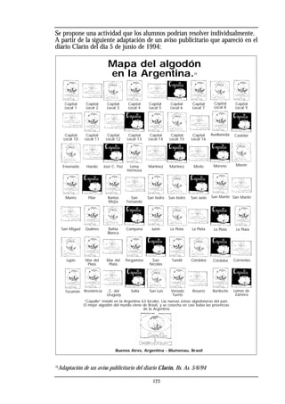 Se propone una actividad que los alumnos podrían resolver individualmente.
A partir de la siguiente adaptación de un aviso publicitario que apareció en el
diario Clarín del día 5 de junio de 1994:
123
Capital
Local 1
Capital
Local 2
Capital
Local 3
Capital
Local 4
Capital
Local 5
Capital
Local 6
Capital
Local 7
Capital
Local 10
Capital
Local 11
Capital
Local 12
Capital
Local 13
Capital
Local 14
Capital
Local 15
Capital
Local 16
Ensenada Haedo José C. Paz Loma
Hermosa
Martinez Martinez Merlo
Munro Pilar Ramos
Mejía
San
Fernando
San Isidro San Isidro San Justo
San Miguel Quilmes Bahía
Blanca
Campana Junín La Plata La Plata
Luján Mar del
Plata
Mar del
Plata
Pergamino San
Nicolás
Tandil Córdoba
Resistencia C. del
Uruguay
Salta Lomas de
Zamora
San Luis Venado
Tuerto
Rosario Bariloche
Tucumán
Capital
Local 9
Castelar
Morón
San Martín
La Plata
Corrientes
Córdoba
Capital
Local 8
Avellaneda
Moreno
San Martín
La Plata
“Capullo” instaló en la Argentina 63 locales. Las nuevas zonas algodoneras del país.
El mejor algodón del mundo viene de Brasil, y se cosecha en casi todas las provincias
de la Argentina
Mapa del algodón
en la Argentina.10
Buenos Aires, Argentina - Blumenau, Brasil
10
Adaptación de un aviso publicitario del diario Clarín, Bs. As. 5/6/94
 
