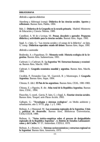 125
BIBLIOGRAFíA
Referida a aspectos didácticos
Aisenberg y Alderoqui (comp): Didáctica de las ciencias sociales. Aportes y
reflexiones. Buenos Aires, Paidós, 1994.
Bale, J.: Didáctica de la Geografía en la escuela primaria. Madrid, Ministerio
de Educación y Ciencia /Morata, 1989.
Camilloni, A. W de y Levinas, M.: Pensar, descubrir y aprender. Propuesta
didáctica y actividades para la ciencias sociales. Buenos Aires, Aique, 1992.
Segal, A. e Iaies, G.: "Las ciencias sociales y el campo de la didáctica", en Iaies,
G. comp.: Didácticas especiales: estado del debate. Buenos Aires, Aique, 1992.
Referida a contenidos
Brailovsky, A. y Foguelman, D.: Memoria verde. Historia ecológica de la Ar-
gentina. Buenos Aires, Sudamericana, 1991.
Carlevari, I. y Carlevari, R.: La Argentina '94. Estructura humana y económi-
ca. Buenos Aires, Macchi, 1994.
Carlevari, I.: Geografía económica mundial y argentina. Buenos Aires, Macchi,
1994.
Cicollela, P., Fernández Caso, M., Gurevich, R. y Montenegro, I: Geografía
Argentina. Buenos Aires, Aique, 1994.
Chiozza, E. (dir.): El País de los argentinos. Buenos Aires, CEAL, 1981-1983.
Chiozza, E. y Figueira, R. dir.: Atlas total de la República Argentina. Buenos
Aires, CEAL., 1994.
Finocchio, S. coord., García, P., Iaies, G. y Segal, A.: Enseñar ciencias sociales.
Buenos Aires, Troquel, serie Flacso Acción, 1993.
Gallopín, G.: "Tecnologías y sistemas ecológicos", en Medio ambiente y
urbanización, año 3, Nº12, págs. 1 y 2, 1985.
Rofman, A. y Manzanal, M.: Las economías regionales de la Argentina. Crisis
y políticas de desarrollo. Buenos Aires, Bibliotecas Universitarias,
CEAL/CEUR, 1989.
Rofman, A.: "Notas teórico-empíricas sobre el proceso de desigualdades
regionales de la República Argentina", en Boletín de Estudios Latinoameri-
canos y del Caribe. No
27, Amsterdam, CEDLA, 1979.
Rofman, A. y Romero, L.: Sistemas socioeconómicos y estructura regional en
la Argentina. Buenos Aires, Amorrortu, 1973.
 