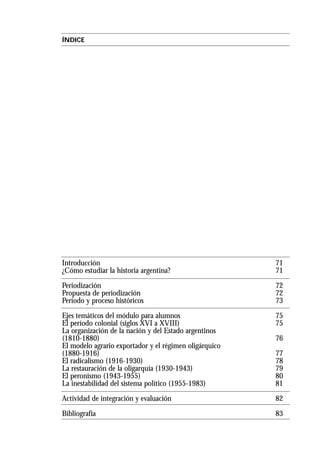 ÍNDICE
Introducción 71
¿Cómo estudiar la historia argentina? 71
Periodización 72
Propuesta de periodización 72
Período y proceso históricos 73
Ejes temáticos del módulo para alumnos 75
El período colonial (siglos XVI a XVIII) 75
La organización de la nación y del Estado argentinos
(1810-1880) 76
El modelo agrario exportador y el régimen oligárquico
(1880-1916) 77
El radicalismo (1916-1930) 78
La restauración de la oligarquía (1930-1943) 79
El peronismo (1943-1955) 80
La inestabilidad del sistema político (1955-1983) 81
Actividad de integración y evaluación 82
Bibliografía 83
 