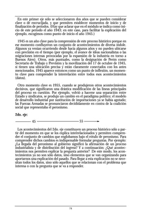 En este primer eje sólo se seleccionaron dos años que se pueden considerar
clave o de encrucijada, y que permiten establecer momentos de inicio y de
finalización de períodos. (Hay que aclarar que en el módulo se indica como ini-
cio de este período el año 1943; en este caso, para facilitar la explicación del
ejemplo, escogimos como punto de inicio el año 1945.)
1945 es un año clave para la comprensión de este proceso histórico porque en
ese momento confluyeron un conjunto de acontecimientos de diversa índole.
Algunos ya venían ocurriendo desde hacía algunos años y no pueden ubicarse
con precisión en el tiempo (por ejemplo, el avance de ideas nacionalistas o las
migraciones internas provocadas por la expansión de la industria en torno a
Buenos Aires). Otros, más puntuales, como la designación de Perón como
Secretario de Trabajo y Previsión y la movilización del 17 de octubre de 1945,
sí tienen una ubicación precisa y están claramente conectados con los antes
mencionados. 1945 aparece entonces como un punto de inflexión, un momen-
to clave para comprender la interrelación entre todos esos acontecimientos
(datos).
Otro momento clave es 1955, cuando se produjeron otros acontecimientos
decisivos, que significaron una drástica modificación de las líneas principales
del proceso en cuestión. Por ejemplo, volvió a hacerse una separación entre
Estado y sindicatos, se produjo un cambio en el paradigma político; el modelo
de desarrollo industrial por sustitución de importaciones ya se había agotado;
las Fuerzas Armadas se pronunciaron decididamente en contra de la coalición
social que representaba el peronismo.
2do. eje:
45 55
Los acontecimientos del 2do. eje constituyen un proceso histórico sólo a par-
tir del momento en que se los explica interrelacionados y permiten compren-
der el conjunto de cambios que englobamos bajo el rótulo de peronismo. Para
comprender dichos cambios es indispensable formular preguntas. Por ejemplo:
¿La llegada del peronismo al gobierno significó la afirmación de un proceso
industrialista y de distribución del ingreso? Y a continuación: ¿Qué acontec-
imientos nos permiten explicar la pregunta anterior? De este modo, los acon-
tecimientos ya no son sólo datos, sino elementos que se van organizando para
aportarnos una explicación del pasado. Para llegar a esta explicación no se nece-
sitan todos los datos, sino sólo aquellos que se relacionan con el problema que
interesa o con la pregunta que se va a responder.
74
 