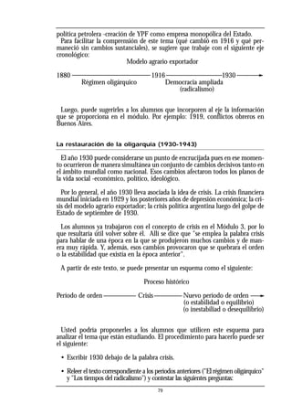 política petrolera -creación de YPF como empresa monopólica del Estado.
Para facilitar la comprensión de este tema (qué cambió en 1916 y qué per-
maneció sin cambios sustanciales), se sugiere que trabaje con el siguiente eje
cronológico:
Modelo agrario exportador
1880 1916 1930
Régimen oligárquico Democracia ampliada
(radicalismo)
Luego, puede sugerirles a los alumnos que incorporen al eje la información
que se proporciona en el módulo. Por ejemplo: 1919, conflictos obreros en
Buenos Aires.
La restauración de la oligarquía (1930-1943)
El año 1930 puede considerarse un punto de encrucijada pues en ese momen-
to ocurrieron de manera simultánea un conjunto de cambios decisivos tanto en
el ámbito mundial como nacional. Esos cambios afectaron todos los planos de
la vida social -económico, político, ideológico.
Por lo general, el año 1930 lleva asociada la idea de crisis. La crisis financiera
mundial iniciada en 1929 y los posteriores años de depresión económica; la cri-
sis del modelo agrario exportador; la crisis política argentina luego del golpe de
Estado de septiembre de 1930.
Los alumnos ya trabajaron con el concepto de crisis en el Módulo 3, por lo
que resultaría útil volver sobre él. Allí se dice que "se emplea la palabra crisis
para hablar de una época en la que se produjeron muchos cambios y de man-
era muy rápida. Y, además, esos cambios provocaron que se quebrara el orden
o la estabilidad que existía en la época anterior".
A partir de este texto, se puede presentar un esquema como el siguiente:
Proceso histórico
Período de orden Crisis Nuevo período de orden
(o estabilidad o equilibrio)
(o inestabiliad o desequilibrio)
Usted podría proponerles a los alumnos que utilicen este esquema para
analizar el tema que están estudiando. El procedimiento para hacerlo puede ser
el siguiente:
• Escribir 1930 debajo de la palabra crisis.
• Releer el texto correspondiente a los períodos anteriores ("El régimen oligárquico"
y "Los tiempos del radicalismo") y contestar las siguientes preguntas:
79
 