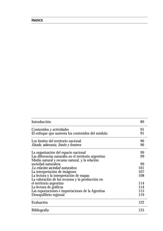 ÍNDICE
Introducción 89
Contenidos y actividades 91
El enfoque que sustenta los contenidos del módulo 91
Los límites del territorio nacional 96
Estado, soberanía, límite y frontera 96
La organización del espacio nacional 99
Las diferencias naturales en el territorio argentino 99
Medio natural y recurso natural, y la relación
sociedad-naturaleza 99
La relación sociedad-naturaleza 101
La interpretación de imágenes 107
La lectura y la interpretación de mapas 108
La valoración de los recursos y la producción en
el territorio argentino 114
La lectura de gráficos 114
Las exportaciones e importaciones de la Agentina 115
Desequilibrio regional 119
Evaluación 122
Bibliografía 125
 