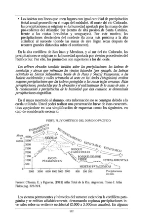• Las isoietas son líneas que unen lugares con igual cantidad de precipitación
(total anual promedio en el mapa del módulo). Al norte del río Colorado,
las precipitaciones se originan en la humedad aportada por las masas de aire
pro-cedentes del Atlántico Sur (centro de alta presión de Santa Catalina,
frente a las costas brasileñas y uruguayas). Por este motivo, las
precipitaciones descienden del nordeste (la zona más próxima a la alta
atlántica) al suroeste (donde las masas de aire llegan secas después de
recorrer grandes distancias sobre el continente).
En la alta cordillera de San Juan y Mendoza, y al sur del río Colorado, las
precipitaciones se originan en la humedad aportada por vientos procedentes del
Pacífico Sur. Por ello, los promedios son superiores a los del oeste.
Los relieves elevados también inciden sobre las precipitaciones: las laderas de
montañas y sierras que enfrentan los vientos húmedos (por ejemplo, las laderas
orientales en Sierras Subandinas, borde de la Puna y Sierras Pampeanas, o las
laderas occidentales y valles orientados al oeste en los Andes Patagónicos) reciben
mayores precipitaciones que las laderas protegidas o las zonas bajas cercanas. Estas
precipitaciones, producidas por la elevación y el enfriamiento de la masa de aire, y
la condensación y precipitación de la humedad que ésta contiene, se denominan
precipitaciones orográficas.
En el mapa mostrado al alumno, esta información no se consigna debido a la
escala utilizada. Usted podrá realizar una presentación breve de estas caracterís-
ticas apoyándose en una simplificación de esquemas como los siguientes, en
caso de considerarlo necesario.
Fuente: Chiozza, E. y Figueras, (1981) Atlas Total de la Rca. Argentina. Tomo I: Atlas
Físico pag. 223/224.
Los vientos permanentes y húmedos del suroeste ascienden la cordillera pata-
gónica y se enfrían adiabáticamente, derramando copiosas precipitaciones in-
vernales sobre su vertiente occidental (2.000 a 3.000mm anuales). En algunas
112
4000
3500
3000
2500
2000
1500
1000
500
0
2000 3000 4000 4000 3000 2000 800 500 200
ANDES
PATAGÓNICOS
ENFRIAMIENTO
ADIABATICO RECALENTAMIENTO
VIENTO SECO VIENTO SECO
BOSQUE
CADUCIFOLIO
BOSQUE SIEMPRE
VERDE ESTEPA ARBUSTIVA
NEVADAS
Precipitaciones
en mm.
Altura
en
metros
MESETAS PATAGÓNICAS
PERFIL PLUVIOMÉTRICO DEL DOMINIO PACÍFICO
 