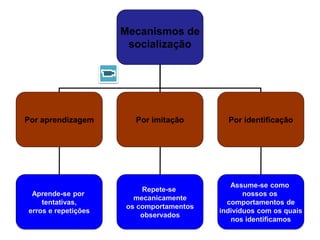 Mecanismos de
socialização
Por aprendizagem Por imitação Por identificação
Aprende-se por
tentativas,
erros e repetições
Repete-se
mecanicamente
os comportamentos
observados
Assume-se como
nossos os
comportamentos de
indivíduos com os quais
nos identificamos
 