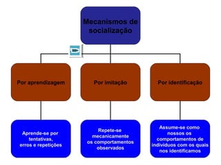 Mecanismos de
socialização
Por aprendizagem Por imitação Por identificação
Aprende-se por
tentativas,
erros e repetições
Repete-se
mecanicamente
os comportamentos
observados
Assume-se como
nossos os
comportamentos de
indivíduos com os quais
nos identificamos
 