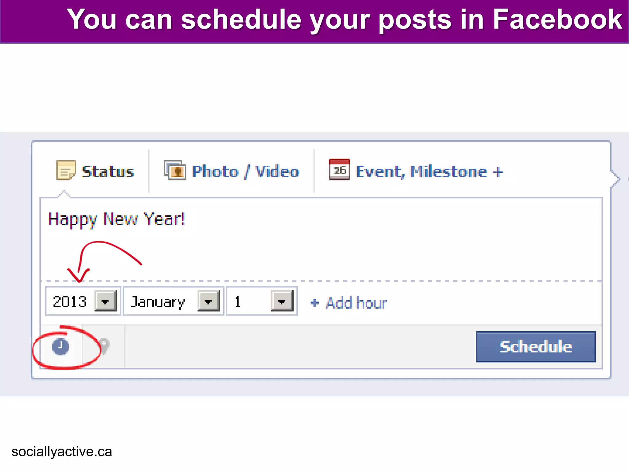 You can schedule your posts in Facebook




sociallyactive.ca
 