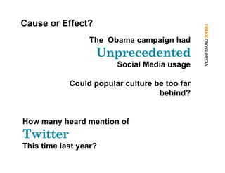 Cause or Effect?
                 The Obama campaign had
                   Unprecedented
                        Social Media usage

            Could popular culture be too far
                                   behind?


How many h
H        heard mention of
             d    ti    f
Twitter
This time last year?
 