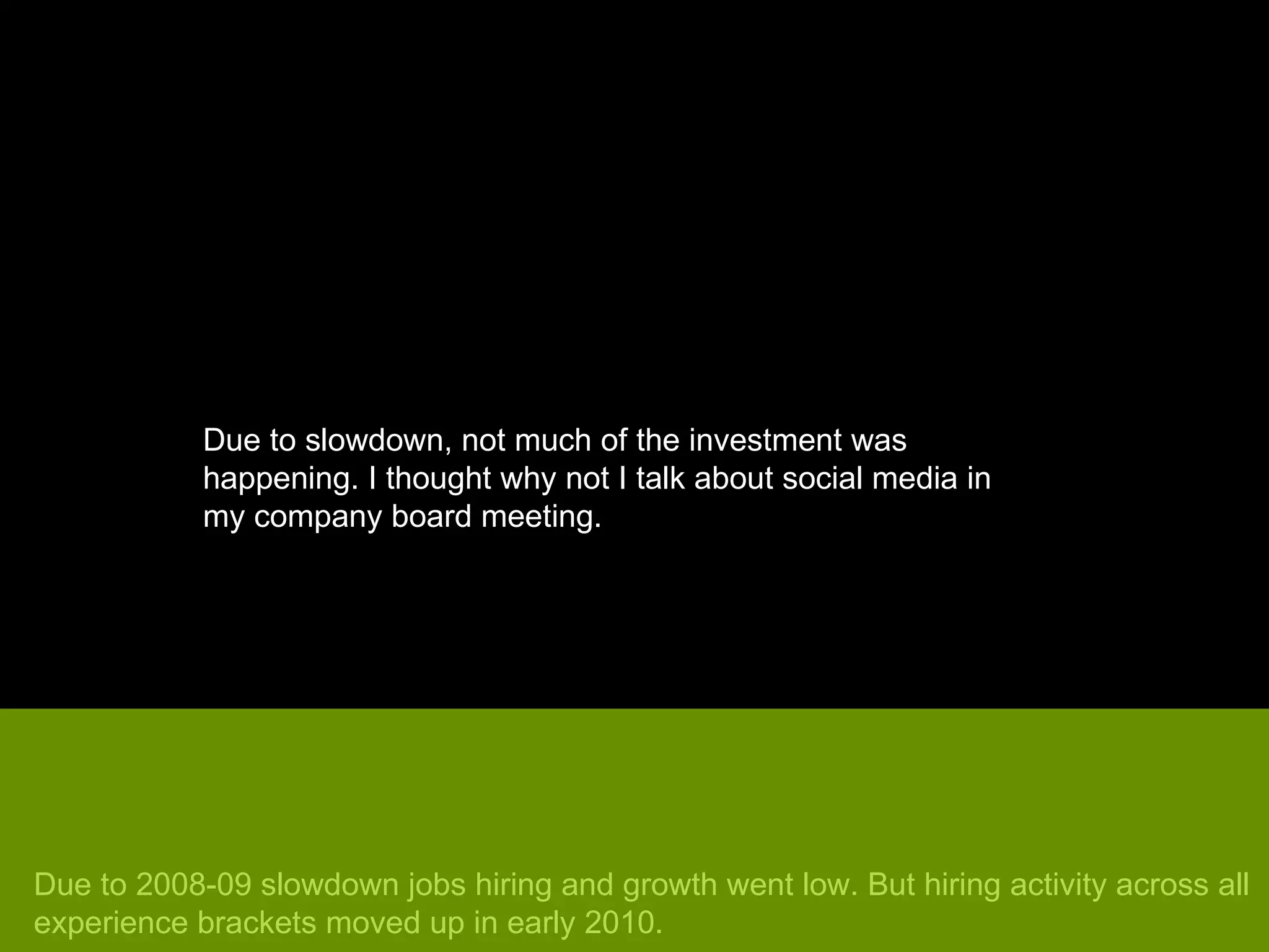 Due to slowdown, not much of the investment was happening. I thought why not I talk about social media in my company board meeting. Due to 2008-09 slowdown jobs hiring and growth went low. But hiring activity across all experience brackets moved up in early 2010. 