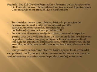 Según la Ley 122-05 sobre Regulación y Fomento de las Asociaciones
   Sin Fines de Lucro en la República Dominicana las Organizaciones
   Comunitarias en su artículo 11, se clasifican en:



   Territoriales: tienen como objetivo básico la promoción del
    desarrollo comunal: juntas de vecinos(as), comités
    barriales, uniones vecinales, asociaciones de
    pobladoras(es), asociaciones pro-desarrollo;
   Funcionales: tienen como objetivo básico desarrollar aspectos
     particulares de la vida cotidiana de las comunidades: asociaciones
    de padres, madres, amigos y amigas de las escuelas, comités de
    salud,clubes culturales, clubes artísticos, clubes deportivos, clubes
    juveniles,comités de amas de casa, organizaciones eclesiales, entre
    otras;
   Campesinas: tienen como objetivo básico apoyar los intereses del
campesinado, incluyendo sus intereses comunitarios: asociaciones de
agricultores(as), organizaciones de productores(as), entre otras.
 