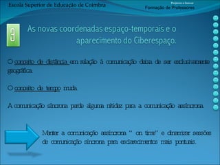 O  conceito de distância  em relação à comunicação deixa de ser exclusivamente geográfica. O  conceito de tempo  muda.  A comunicação síncrona perde alguma nitidez para a comunicação assíncrona. Manter a comunicação assíncrona “on time” e dinamizar sessões de comunicação síncrona para esclarecimentos mais pontuais. Escola Superior de Educação de Coimbra Projecto e-Inovar Formaç ão de Professores 