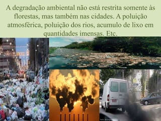 A degradação ambiental não está restrita somente às florestas, mas também nas cidades. A poluição atmosférica, poluição dos rios, acumulo de lixo em quantidades imensas. Etc.