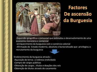 -Expansão geográfica e comercial que estimulou o desenvolvimento de uma
economia monetária e comercial
-enriquecimento da burguesia com o comércio colonial
-Afirmação do Estado moderno, absoluto e burocratizado que privilegiou o
recrutamento da burguesia
Enobrecimento da burguesia através :
-Aquisição de terras à nobreza endividada
-Compra de cargos públicos
-Obtenção de cargos , títulos e doações dos reis
-Obtenção de títulos através do casamento
 