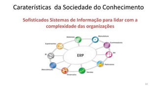 Caraterísticas da Sociedade do Conhecimento
   Sofisticados Sistemas de Informação para lidar com a
              complexidade das organizações




                                                          14
 