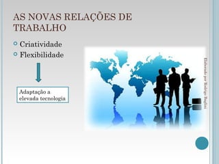 AS NOVAS RELAÇÕES DE
TRABALHO
 Criatividade
 Flexibilidade




                         Elaborado por Rodrigo Baglini
    Adaptação a
    elevada tecnologia
 