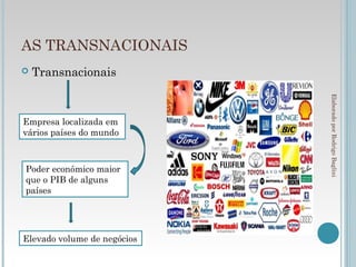 AS TRANSNACIONAIS
   Transnacionais




                             Elaborado por Rodrigo Baglini
Empresa localizada em
vários países do mundo



Poder econômico maior
que o PIB de alguns
países




Elevado volume de negócios
 