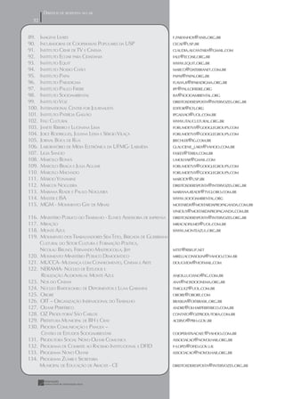 DIREITOS DE RESPOSTA NO AR
  52
  52

89.    IMAGENS LIVRES                                                   F.PARANHOS@ANIS.ORG.BR
90.    INCUBADORAS DE COOPERAIVAS POPULARES DA USP                      CECAE@USP.BR
91.    INSTITUTO CRIAR DE TV E CINEMA                                   CLAUDIA.ALCANTARA@GMAIL.COM
92.    INSTITUTO ECOAR PARA CIDADANIA                                   FALE@ECOAR.ORG.BR
93.    INSTITUTO EQUIT                                                  WWW.EQUIT.ORG.BR
94.    INSTITUTO NOSSO CHÃO                                             MARCO@DATERRANET.COM.BR
95.    INSTITUTO PAPAI                                                  PAPAI@PAPAI.ORG.BR
96.    INSTITUTO PARADIGMA                                              FLAVIA.R@IPARADIGMA.ORG.BR
97.    INSTITUTO PAULO FREIRE                                           IPF@PAULOFREIRE.ORG
98.    INSTITUTO SOCIOAMBIENTAL                                         ISA@SOCIOAMBIENTAL.ORG
99.    INSTITUTO VOZ                                                    DIREITOSDERESPOSTA@INTERVOZES.ORG.BR
100.   INTERNATIONAL CENTER FOR JOURNALISTS                             EDITOR@ICFJ.ORG
101.   INSTITUTO PATRÍCIA GALVÃO                                        IPGALVAO@UOL.COM.BR
102.   ITAÚ CULTURAL                                                    WWW.ITAUCULTURAL.ORG.BR
103.   JANETE RIBEIRO E LUCINANA LIMA                                   FORUMDETVS@GOOGLEGROUPS.COM
104.   JOICE RODRIGUES, JULIANA LESSA E SÉRGIO VILAÇA                   FORUMDETVS@GOOGLEGROUPS.COM
105.   JORNAL BOCA DE RUA                                               JBECHLER@IG.COM.BR
106.   LABORATÓRIO DE MÍDIA ELETRÔNICA DA UFMG- LABMÍDIA                GLAUCIENE_LARA@YAHOO.COM.BR
107.   LIGIA SANCIO                                                     FASEES@TERRA.COM.BR
108.   MARCELO BONFÁ                                                    UMOLHAR@GMAIL.COM
109.   MARCELO BRAGA E JULIA AGUIAR                                     FORUMDETVS@GOOGLEGROUPS.COM
110.   MARCELO MACHADO                                                  FORUMDETVS@GOOGLEGROUPS.COM
111.   MÁRCIO YONAMINE                                                  MARCIOY@USP.BR
112.   MARCOS NOGUEIRA                                                  DIREITOSDERESPOSTA@INTERVOZES.ORG.BR
113.   MARIANA READE E PAULO NOGUEIRA                                   MARIANA.READE@TVGLOBO.COM.BR
114.   MASTER E ISA                                                     WWW.SOCIOAMBIENTAL.ORG
115.   MGM - MOVIMENTO GAY DE MINAS                                     MOSTARDA@MOSTARDAPROPAGANDA.COM.BR
                                                                        VINICIUS@MOSTARDAPROPAGANDA.COM.BR
116.   MINISTÉRIO PÚBLICO DO TRABALHO - EUNICE ASSESSORIA DE IMPRENSA   DIREITOSDERESPOSTA@INTERVOZES.ORG.BR
117.   MIRAÇÃO                                                          MIRACAOFILMES@UOL.COM.BR
118.   MONTE AZUL                                                       WWW.MONTEAZUL.ORG.BR
119.   MOVIMENTO DOS TRABALHADORES SEM TETO, BRIGADA DE GUERRINHA
       CULTURAL DO SETOR CULTURA E FORMAÇÃO POLÍTICA,
       NICOLAU BRUNO, FERNANDO MASTROCOLLA, JEFF                        MTST@RISEUP.NET
120.   MOVIMENTO MINISTÉRIO PÚBLICO DEMOCRÁTICO                         MIRELLACONSOLINI@YAHOO.COM.BR
121.   MUCCA- MUDANÇA COM CONHECIMENTO, CINEMA E ARTE                   DOUGVIDA@HOTMAIL.COM
122.   NERAMA- NÚCLEO DE ESTUDOS E
       REALIZAÇÃO AUDIOVISUAL MONTE AZUL                                ANJOS.LUCIANO@IG.COM.BR
123.   NOS DO CINEMA                                                    ANA@NOSDOCINEMA.ORG.BR
124.   NÚCLEO BARTOLOMEU DE DEPOIMENTOS E LUAA GABANINI                 TMIGUEZ@UOL.COM.BR
125.   OBORÉ                                                            OBORE@OBORE.COM
126.   OIT - ORGANIZAÇÃO INERNACIONAL DO TRABALHO                       BRASILIA@OITBRASIL.ORG.BR
127.   OLHAR PERIFÉRICO                                                 ANDRE@OLHARPERIFERICO.COM.BR
128.   OZ PRODUTORA/ SÃO CARLOS                                         CONTATO@OZPRODUTORA.COM.BR
129.   PREFEITURA MUNICIPAL DE BH E CRAV                                ACERVO@PBH.GOV.BR
130.   PROCRIA COMUNICAÇÃO E PANGEA -
       CENTRO DE ESTUDOS SOCIOAMBIENTAIS                                COOPERATIVACAEC@YAHOO.COM.BR
131.   PRODUTORA SOCIAL NOVO OLHAR COMUNICA                             ASSOCIACAO@NOVOLHAR.ORG.BR
132.   PROGRAMA DE COMBATE AO RACISMO INSTITUCIONAL E DFID              F-LOPES@DFID.GOV.UK
133.   PROGRAMA NOVO OLHAR                                              ASSOCIACAO@NOVOLHAR.ORG.BR
134.   PROGRAMA ZUMBI E SECRETARIA
       MUNICIPAL DE EDUCAÇÃO DE ARACATI - CE                            DIREITOSDERESPOSTA@INTERVOZES.ORG.BR
 