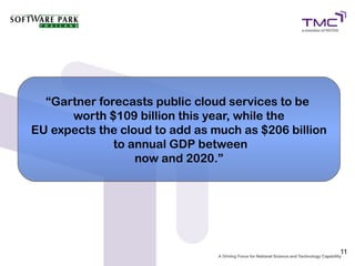“Gartner forecasts public cloud services to be
      worth $109 billion this year, while the
EU expects the cloud to add as much as $206 billion
              to annual GDP between
                  now and 2020.”




                                                      11
 