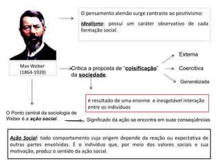 O pensamento alemão surge contraste ao positivismo:
                                   Idealismo: possui um caráter observativo de cada
                                   formação social.



                                                                            Externa

      Max Weber              Critica a proposta de “coisificação”           Coercitiva
      (1864-1920)
                             da sociedade.
                                                                             Generalizada


                                     é resultado de uma enorme e inesgotável interação
                                     entre os indivíduos
O Ponto central da sociologia de
Weber é a ação social.               Significado da ação se encontra em suas conseqüências


 Ação Social: todo comportamento cuja origem depende da reação ou expectativa de
 outras partes envolvidas. È o indivíduo que, por meio dos valores sociais e sua
 motivação, produz o sentido da ação social.
 