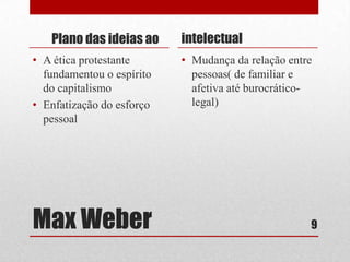 Plano das ideias ao
• A ética protestante
fundamentou o espírito
do capitalismo
• Enfatização do esforço
pessoal

Max Weber

intelectual
• Mudança da relação entre
pessoas( de familiar e
afetiva até burocráticolegal)

9

 