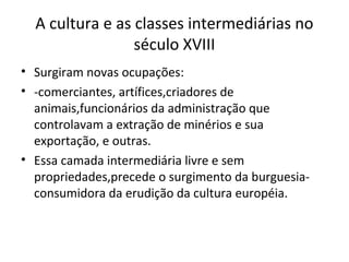 A cultura e as classes intermediárias no
século XVIII
• Surgiram novas ocupações:
• -comerciantes, artífices,criadores de
animais,funcionários da administração que
controlavam a extração de minérios e sua
exportação, e outras.
• Essa camada intermediária livre e sem
propriedades,precede o surgimento da burguesiaconsumidora da erudição da cultura européia.

 