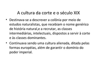 A cultura da corte e o século XIX
• Destinava-se a descrever a colônia por meio de
estudos naturalistas, que recebiam o nome genérico
de história natural,e a recrutar, as classes
intermediárias, intelectuais, dispostos a servir à corte
e às classes dominantes.
• Continuava sendo uma cultura alienada, ditada pelas
formas européias, além de garantir o domínio do
poder imperial.

 