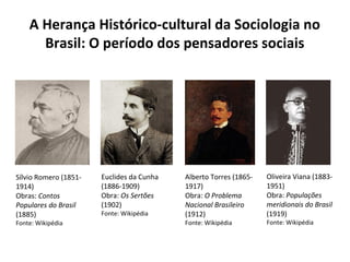 A Herança Histórico-cultural da Sociologia no
Brasil: O período dos pensadores sociais
Euclides da Cunha
(1886-1909)
Obra: Os Sertões
(1902)
Fonte: Wikipédia
Sílvio Romero (1851-
1914)
Obras: Contos
Populares do Brasil
(1885)
Fonte: Wikipédia
Oliveira Viana (1883-
1951)
Obra: Populações
meridionais do Brasil
(1919)
Fonte: Wikipédia
Alberto Torres (1865-
1917)
Obra: O Problema
Nacional Brasileiro
(1912)
Fonte: Wikipédia
 