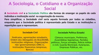 A Sociologia, o Cotidiano e a Organização
Social
A Sociedade civil e a Sociedade Política são formas de enxergar os papéis de cada
indivíduo e instituição social na organização da mesma.
Para simplificar, a Sociedade civil seria aquela formada por todos os cidadãos,
enquanto que a Sociedade política é representada pelo Estado e as instituições e
repartições que o representam.
Sociedade Civil
Sindicatos, agremiações estudantis,
Ordem dos Advogados do Brasil(OAB),
Instituições religiosas, Organizações
não-governamentais (ONG’s),
Instituições financeiras (empresas,
Bancos)
Sociedade Política (Estado)
Câmaras municipais, Prefeituras,
Assembléias legislativas, Partidos
políticos, Forças armadas, Policia militar
e civil, Guarda Municipal, Autarquias,
Empresas Públicas, etc.
Fonte/texto: DIAS, R. Introdução à Sociologia. 2. ed. – São Paulo: Pearson Prentice Hall, 2010.
 