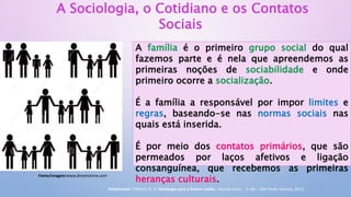 A família é o primeiro grupo social do qual
fazemos parte e é nela que apreendemos as
primeiras noções de sociabilidade e onde
primeiro ocorre a socialização.
É a família a responsável por impor limites e
regras, baseando-se nas normas sociais nas
quais está inserida.
É por meio dos contatos primários, que são
permeados por laços afetivos e ligação
consanguínea, que recebemos as primeiras
heranças culturais.
Fonte/imagem:www.dreamstime.com
A Sociologia, o Cotidiano e os Contatos
Sociais
Fonte/texto: TOMAZI, N. D. Sociologia para o Ensino médio. Volume único - 3. ed. – São Paulo: Saraiva, 2013.
 