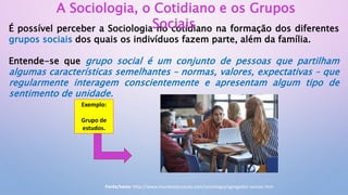 É possível perceber a Sociologia no cotidiano na formação dos diferentes
grupos sociais dos quais os indivíduos fazem parte, além da família.
Entende-se que grupo social é um conjunto de pessoas que partilham
algumas características semelhantes – normas, valores, expectativas – que
regularmente interagem conscientemente e apresentam algum tipo de
sentimento de unidade.
A Sociologia, o Cotidiano e os Grupos
Sociais
Exemplo:
Grupo de
estudos.
Fonte/texto: http://www.mundoeducacao.com/sociologia/agregados-sociais.htm
 
