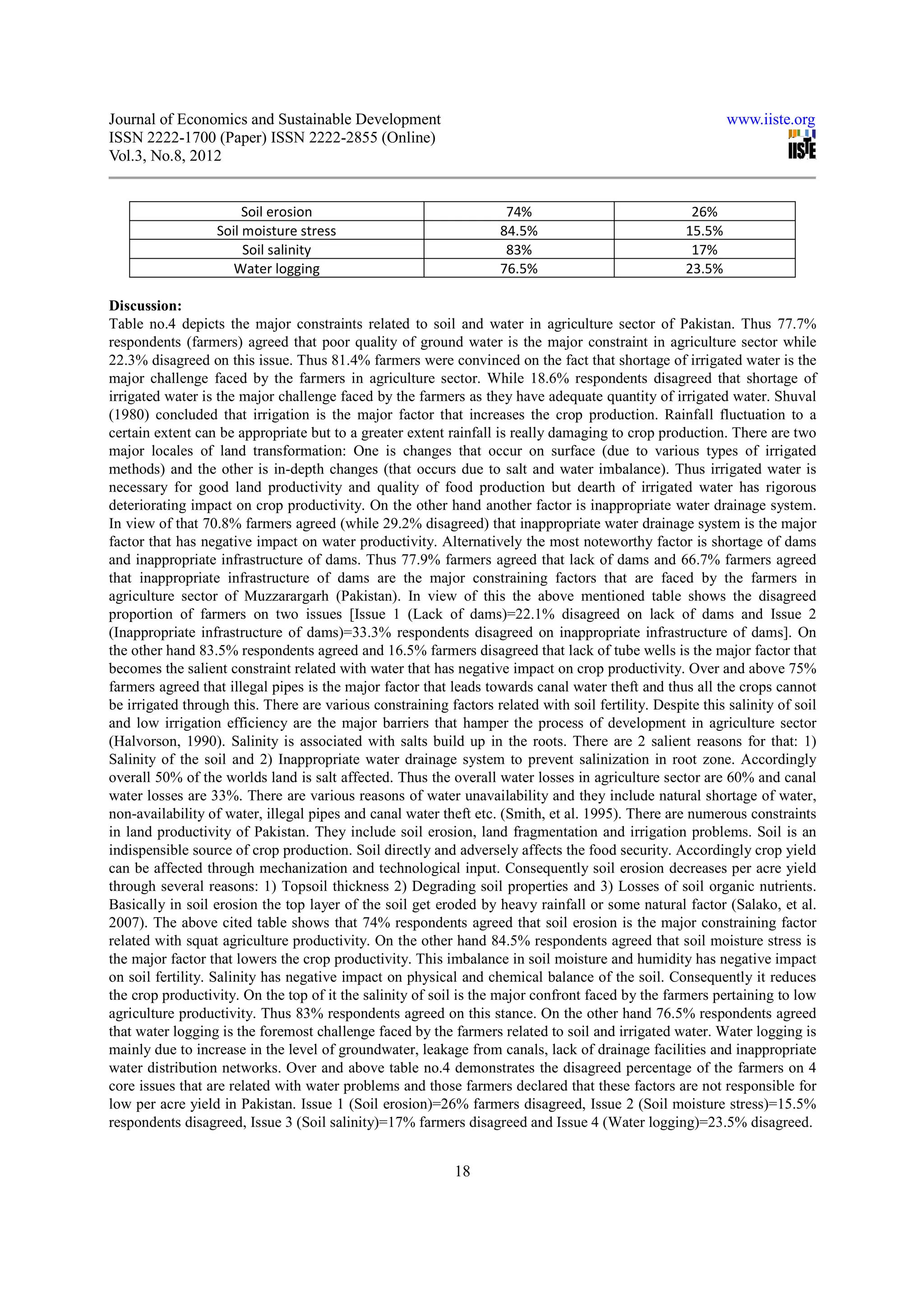 Journal of Economics and Sustainable Development                                                             www.iiste.org
ISSN 2222-1700 (Paper) ISSN 2222-2855 (Online)
Vol.3, No.8, 2012


                       Soil erosion                                  74%                              26%
                  Soil moisture stress                              84.5%                            15.5%
                       Soil salinity                                 83%                              17%
                     Water logging                                  76.5%                            23.5%

Discussion:
Table no.4 depicts the major constraints related to soil and water in agriculture sector of Pakistan. Thus 77.7%
respondents (farmers) agreed that poor quality of ground water is the major constraint in agriculture sector while
22.3% disagreed on this issue. Thus 81.4% farmers were convinced on the fact that shortage of irrigated water is the
major challenge faced by the farmers in agriculture sector. While 18.6% respondents disagreed that shortage of
irrigated water is the major challenge faced by the farmers as they have adequate quantity of irrigated water. Shuval
(1980) concluded that irrigation is the major factor that increases the crop production. Rainfall fluctuation to a
certain extent can be appropriate but to a greater extent rainfall is really damaging to crop production. There are two
major locales of land transformation: One is changes that occur on surface (due to various types of irrigated
methods) and the other is in-depth changes (that occurs due to salt and water imbalance). Thus irrigated water is
necessary for good land productivity and quality of food production but dearth of irrigated water has rigorous
deteriorating impact on crop productivity. On the other hand another factor is inappropriate water drainage system.
In view of that 70.8% farmers agreed (while 29.2% disagreed) that inappropriate water drainage system is the major
factor that has negative impact on water productivity. Alternatively the most noteworthy factor is shortage of dams
and inappropriate infrastructure of dams. Thus 77.9% farmers agreed that lack of dams and 66.7% farmers agreed
that inappropriate infrastructure of dams are the major constraining factors that are faced by the farmers in
agriculture sector of Muzzarargarh (Pakistan). In view of this the above mentioned table shows the disagreed
proportion of farmers on two issues [Issue 1 (Lack of dams)=22.1% disagreed on lack of dams and Issue 2
(Inappropriate infrastructure of dams)=33.3% respondents disagreed on inappropriate infrastructure of dams]. On
the other hand 83.5% respondents agreed and 16.5% farmers disagreed that lack of tube wells is the major factor that
becomes the salient constraint related with water that has negative impact on crop productivity. Over and above 75%
farmers agreed that illegal pipes is the major factor that leads towards canal water theft and thus all the crops cannot
be irrigated through this. There are various constraining factors related with soil fertility. Despite this salinity of soil
and low irrigation efficiency are the major barriers that hamper the process of development in agriculture sector
(Halvorson, 1990). Salinity is associated with salts build up in the roots. There are 2 salient reasons for that: 1)
Salinity of the soil and 2) Inappropriate water drainage system to prevent salinization in root zone. Accordingly
overall 50% of the worlds land is salt affected. Thus the overall water losses in agriculture sector are 60% and canal
water losses are 33%. There are various reasons of water unavailability and they include natural shortage of water,
non-availability of water, illegal pipes and canal water theft etc. (Smith, et al. 1995). There are numerous constraints
in land productivity of Pakistan. They include soil erosion, land fragmentation and irrigation problems. Soil is an
indispensible source of crop production. Soil directly and adversely affects the food security. Accordingly crop yield
can be affected through mechanization and technological input. Consequently soil erosion decreases per acre yield
through several reasons: 1) Topsoil thickness 2) Degrading soil properties and 3) Losses of soil organic nutrients.
Basically in soil erosion the top layer of the soil get eroded by heavy rainfall or some natural factor (Salako, et al.
2007). The above cited table shows that 74% respondents agreed that soil erosion is the major constraining factor
related with squat agriculture productivity. On the other hand 84.5% respondents agreed that soil moisture stress is
the major factor that lowers the crop productivity. This imbalance in soil moisture and humidity has negative impact
on soil fertility. Salinity has negative impact on physical and chemical balance of the soil. Consequently it reduces
the crop productivity. On the top of it the salinity of soil is the major confront faced by the farmers pertaining to low
agriculture productivity. Thus 83% respondents agreed on this stance. On the other hand 76.5% respondents agreed
that water logging is the foremost challenge faced by the farmers related to soil and irrigated water. Water logging is
mainly due to increase in the level of groundwater, leakage from canals, lack of drainage facilities and inappropriate
water distribution networks. Over and above table no.4 demonstrates the disagreed percentage of the farmers on 4
core issues that are related with water problems and those farmers declared that these factors are not responsible for
low per acre yield in Pakistan. Issue 1 (Soil erosion)=26% farmers disagreed, Issue 2 (Soil moisture stress)=15.5%
respondents disagreed, Issue 3 (Soil salinity)=17% farmers disagreed and Issue 4 (Water logging)=23.5% disagreed.


                                                            18
 